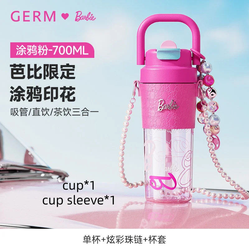 500ml/750ml Summer Barbie Transparent Cup Straw Bead Chain makeup Combo Portable Lightweight Drink Cup For School & Office Use