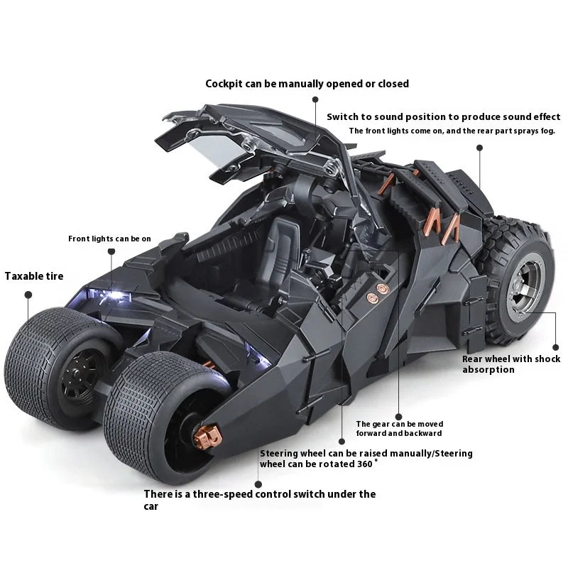 1:18 Cool Batmobile alloy model toys, exquisite desktop ornaments, cool sound and light spray, Christmas gifts