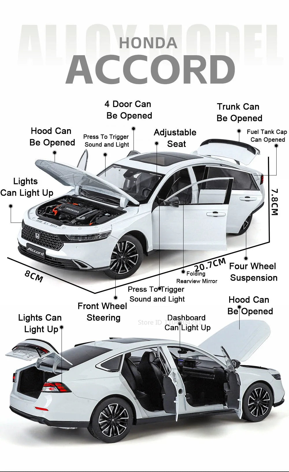 1:18 HONDA Accord Alloy Miniature Model Diecast Toy Door Opened Sound Light Pull Back Front Wheel Steering Classic Birthday Gift