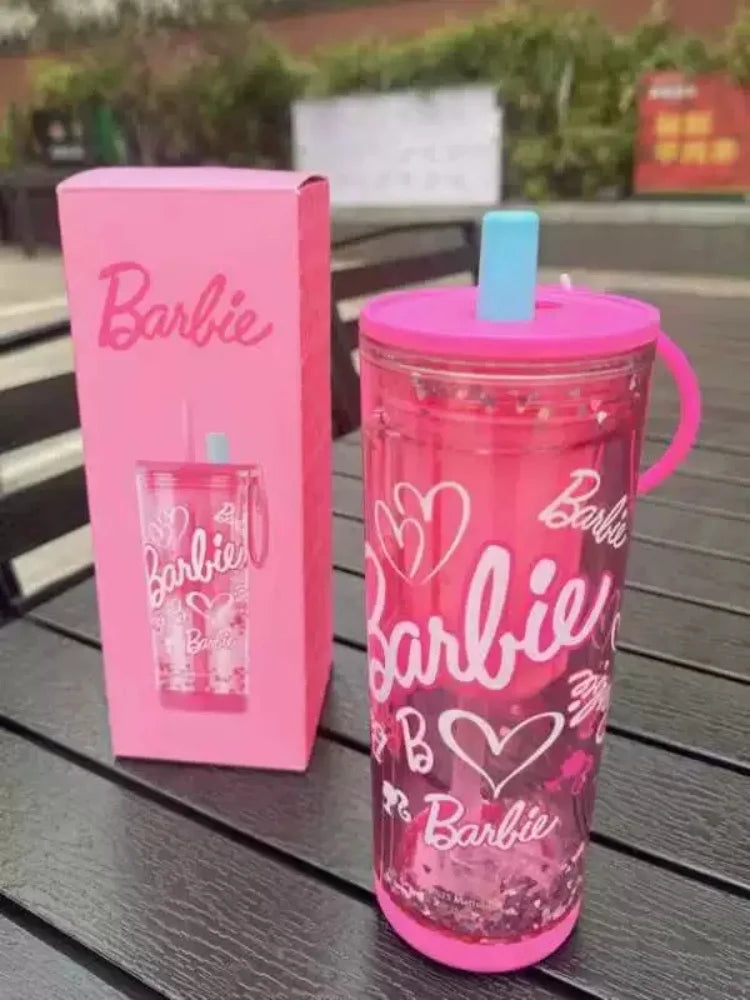 500ml/750ml Summer Barbie Transparent Cup Straw Bead Chain makeup Combo Portable Lightweight Drink Cup For School & Office Use
