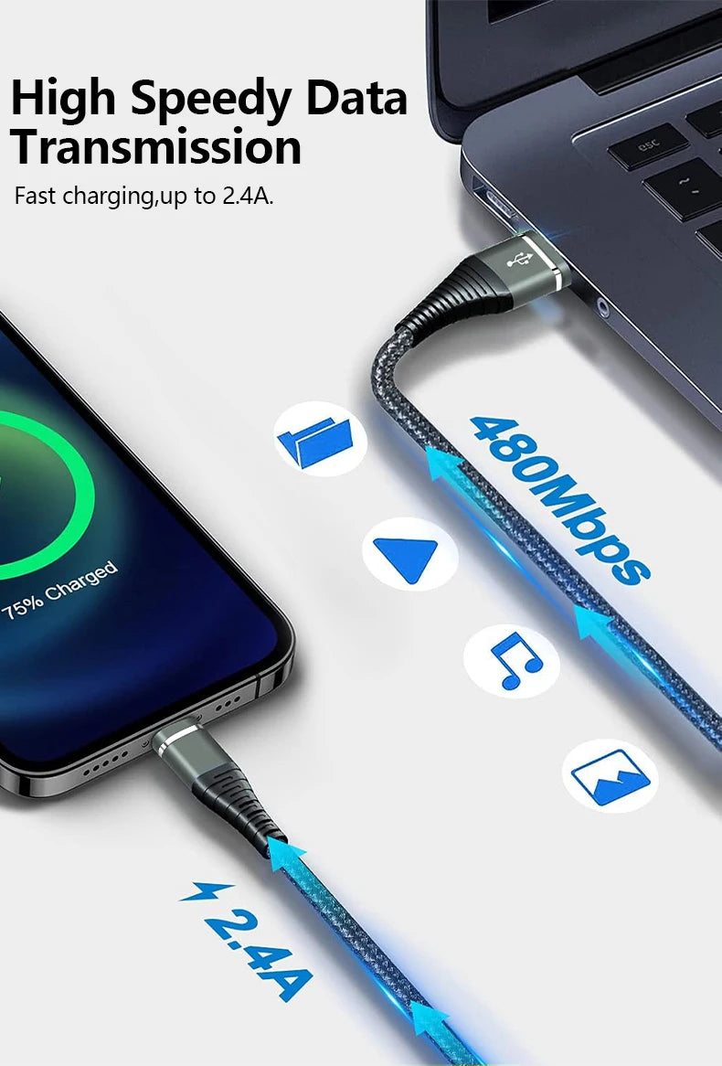 Lightning Cable USB Original Fast Charging Cord for Iphone 14 13 12 11 Pro Max XS X XR 7 8 6 Plus SE Nylon Braided Charger Cord