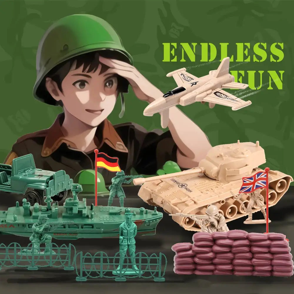 ViiKONDO Army Men Toy Military Playset Green vs Tan Soldier 30pcs Armored Vehicle Tank Fighter Warship Model Wargame Boy's Gift