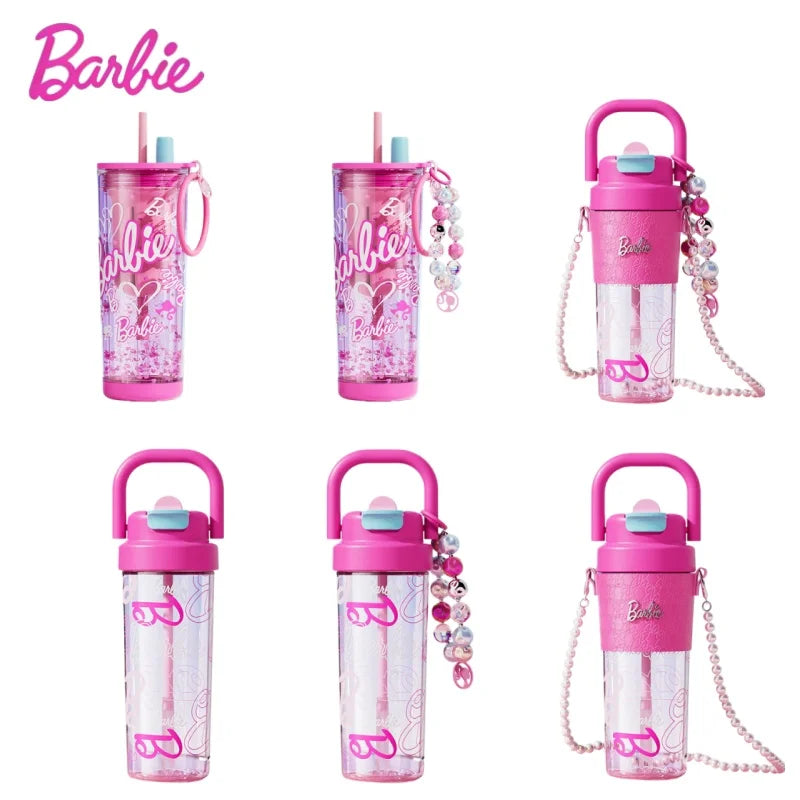 500ml/750ml Summer Barbie Transparent Cup Straw Bead Chain makeup Combo Portable Lightweight Drink Cup For School & Office Use