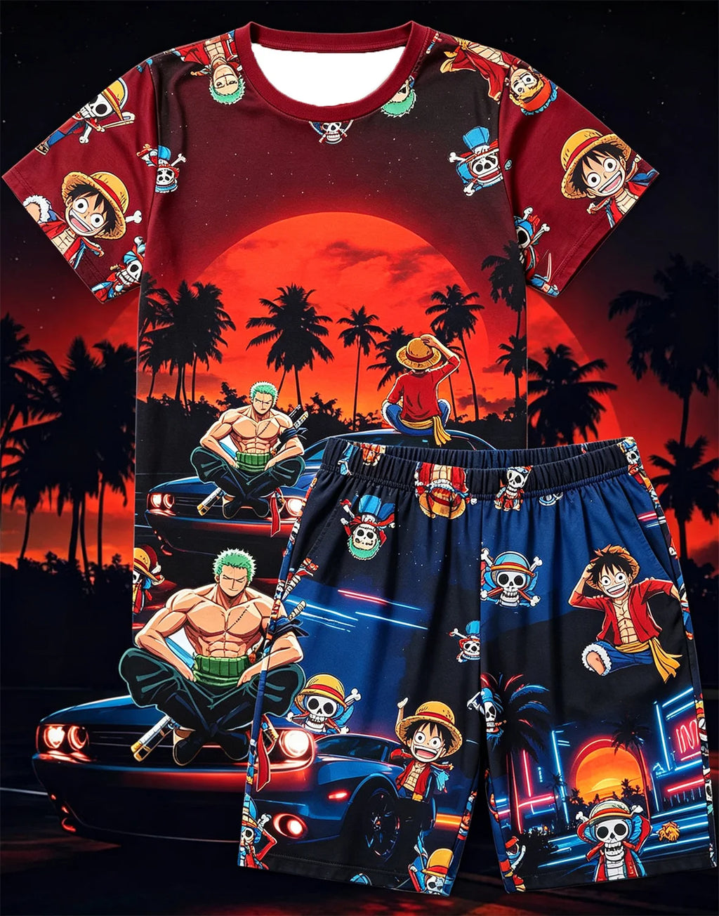 Bandai One Piece D Luffy Laugh Anime Print T-Shirt Drawstring Shorts Set For Men Women Kids Summer Home Casual Two Piece Outfit