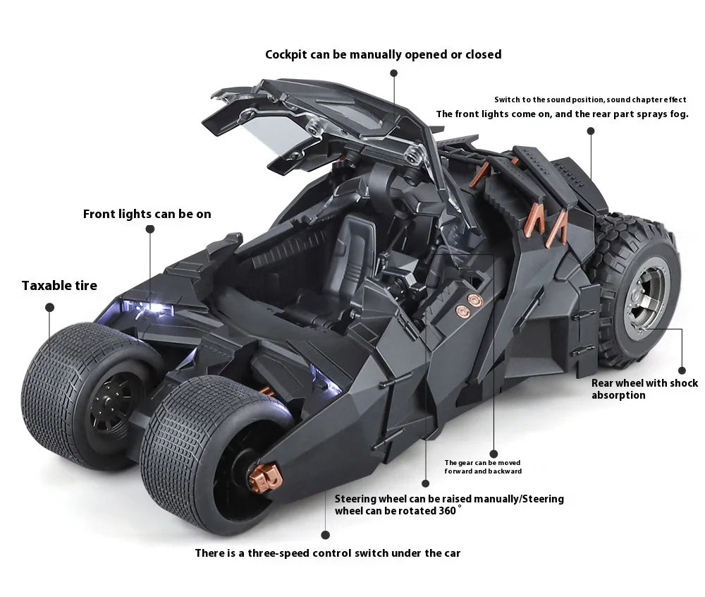 1:18 Cool Batmobile alloy model toys, exquisite desktop ornaments, cool sound and light spray, Christmas gifts