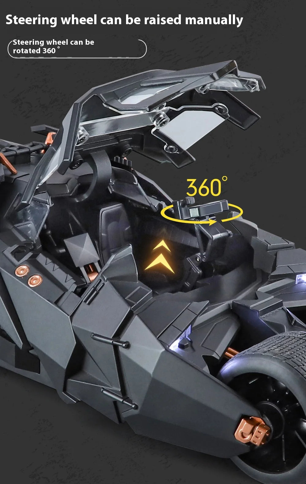 1:18 Cool Batmobile alloy model toys, exquisite desktop ornaments, cool sound and light spray, Christmas gifts