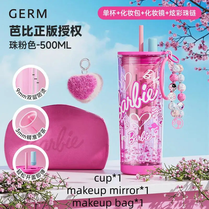 500ml/750ml Summer Barbie Transparent Cup Straw Bead Chain makeup Combo Portable Lightweight Drink Cup For School & Office Use