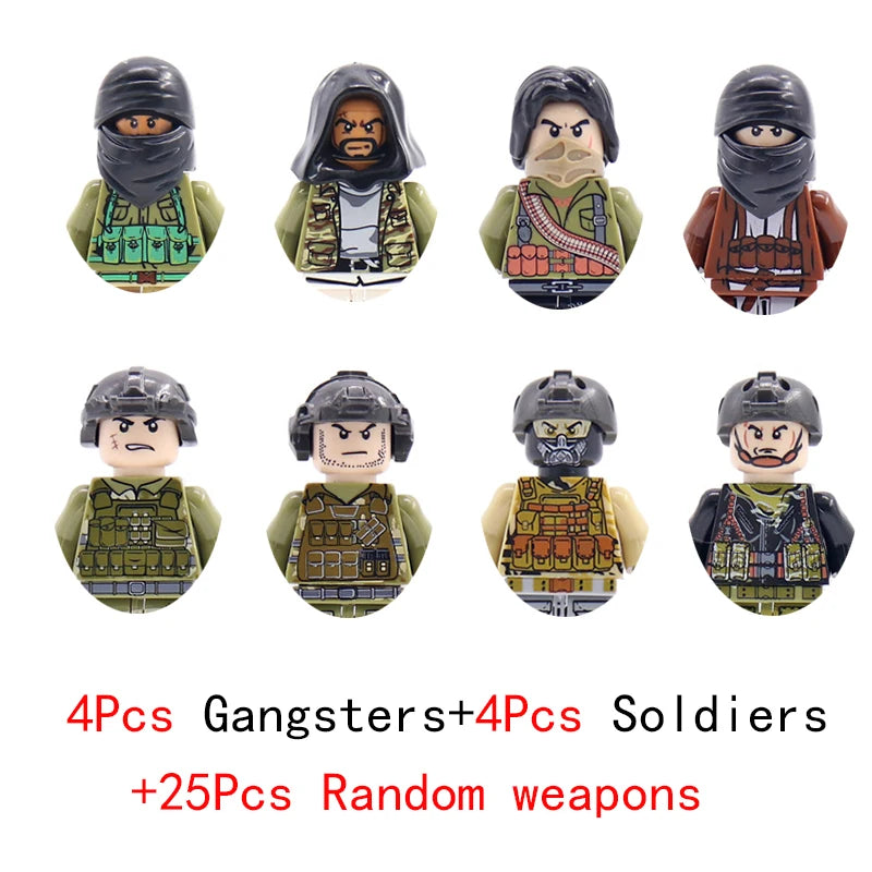 25/50/100Pcs Soldier Police Gangster WW2 Army Military Weapons SWAT Machine Gun Mortar Building Blocks Figure Model Brick Toy