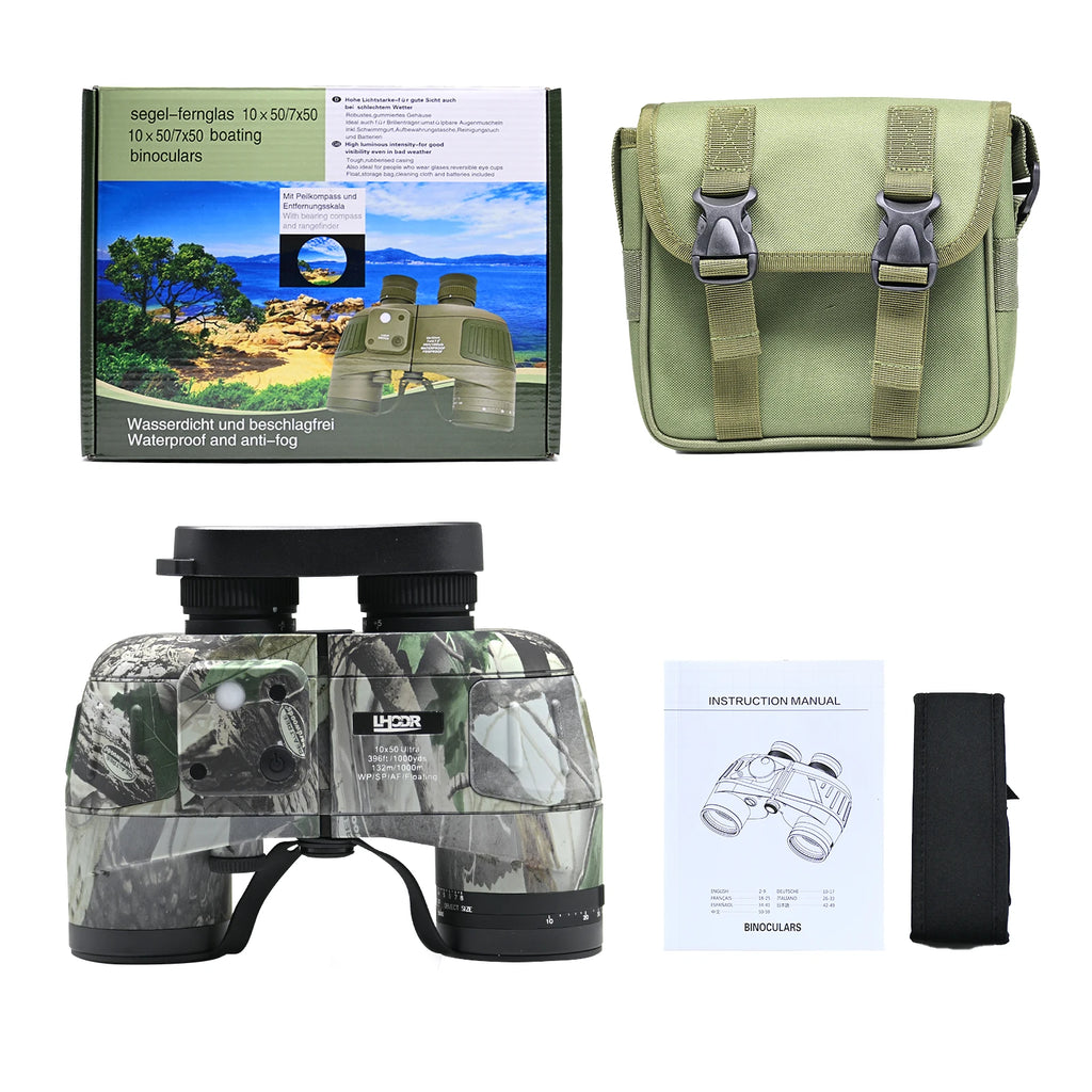 IPX7 Telescope Binoculars 10x50 Professional Powerful Binoculars with Internal Rangefinder Compass Waterproof for Surviva