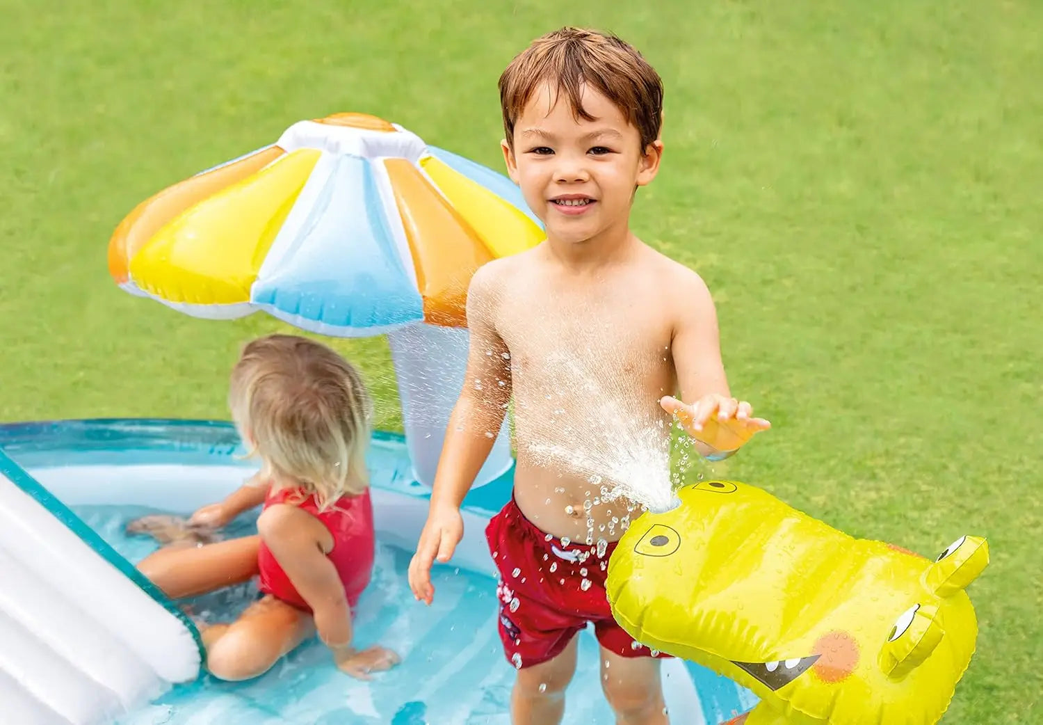 Outdoor Inflatable Kiddie Pool with Slide, Sprinklers, and Floatie for Kids Ages 2+