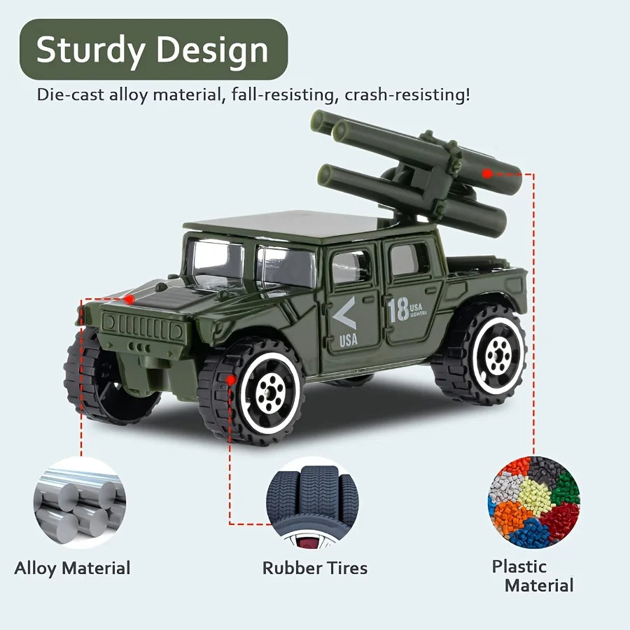 6 Pack Army Toys Mini Assorted Alloy Metal Model Cars Tank, Helicopter, Panzer, Anti-Air Vehicle Playsets Gift