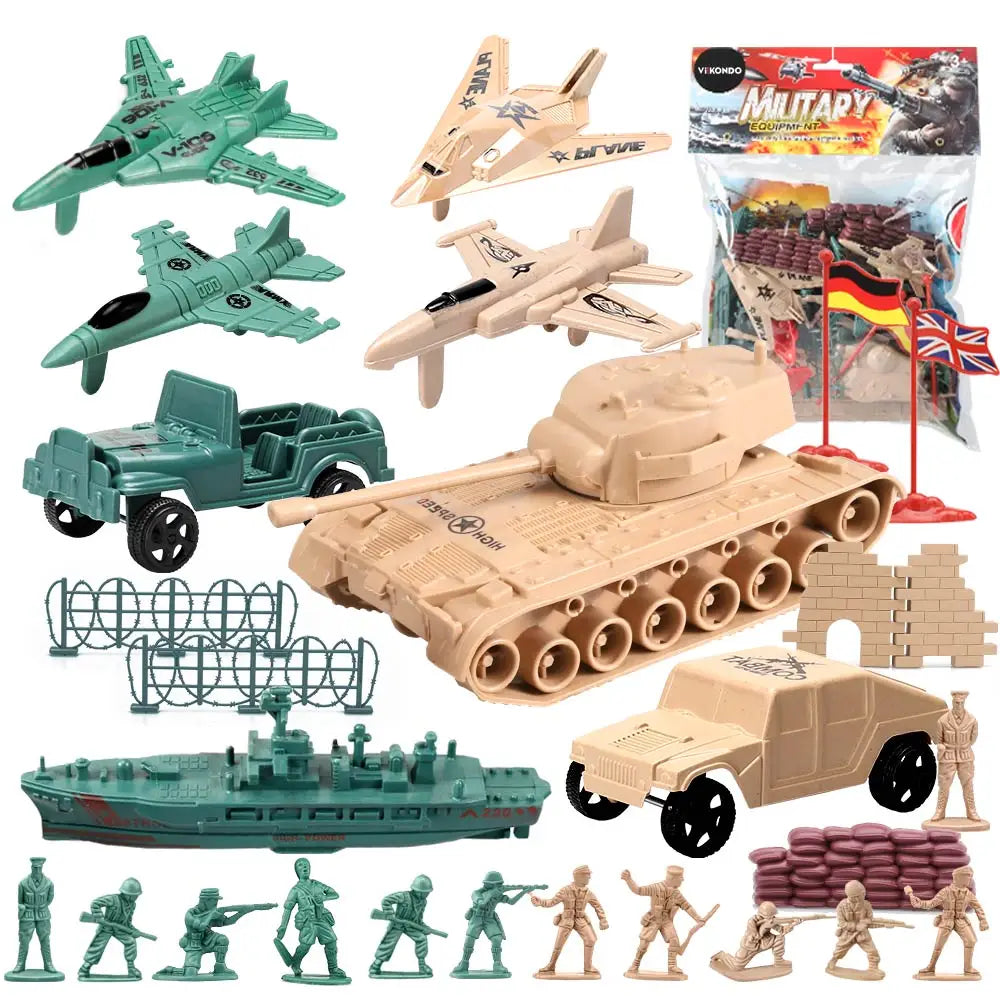 ViiKONDO Army Men Toy Military Playset Green vs Tan Soldier 30pcs Armored Vehicle Tank Fighter Warship Model Wargame Boy's Gift