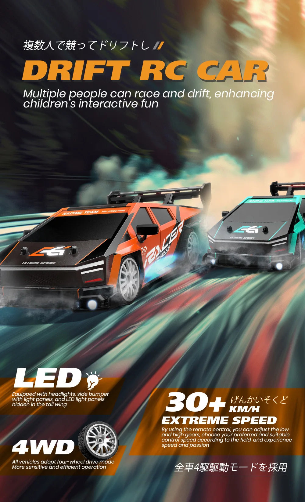 RC Drifting Car 1:24 4WD 30km/H High Speed LED Lights Gyro 2.4Ghz Remote Control with PVC Shell Electric Toys for Boys Kids Gift