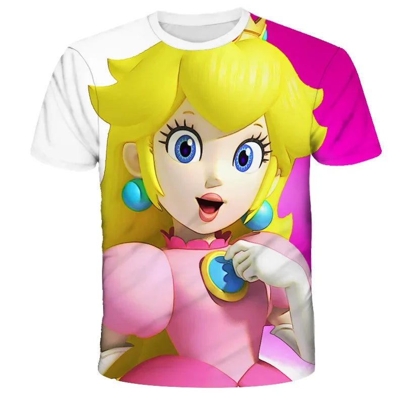 Super Mario Peach Princess Anime Manga Summer Children's Clothes Short Sleeve Boys Girls Cute Casual Fashion T-shirt Kids