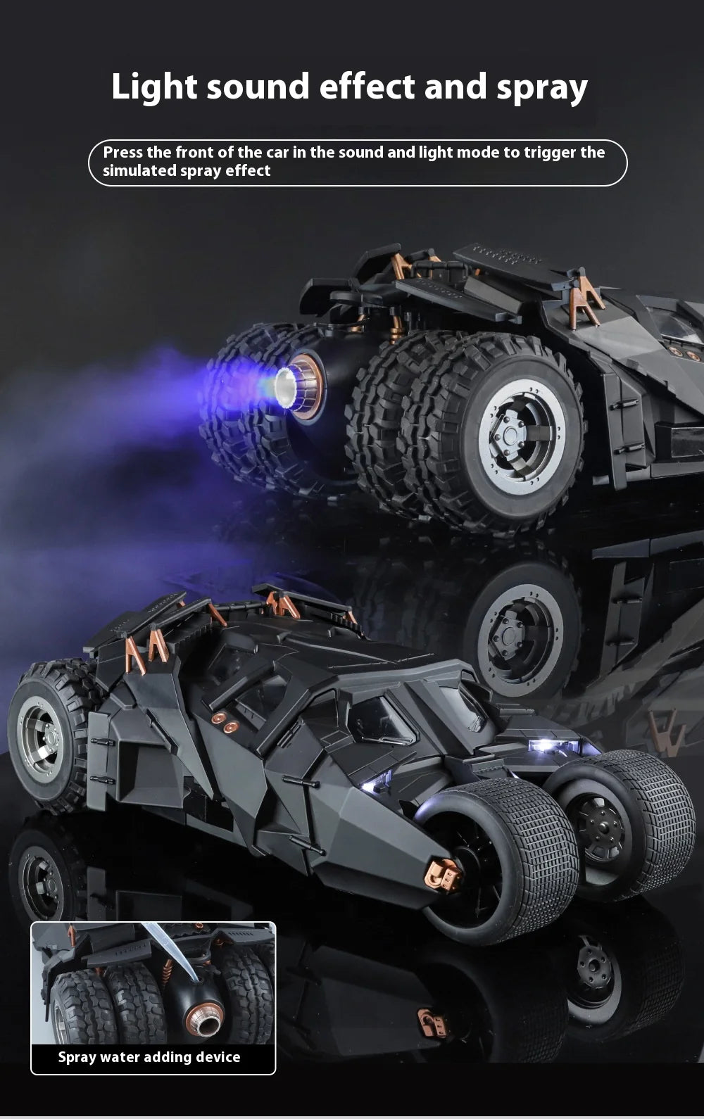 1:18 Cool Batmobile alloy model toys, exquisite desktop ornaments, cool sound and light spray, Christmas gifts