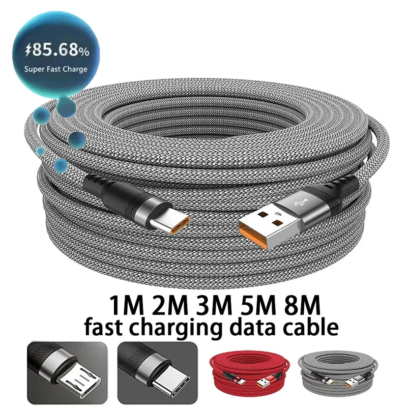 USB Type C Extended Cable Fast Charging For Samsung Xiaomi Huawei Realme OPPO Android Mobile Phone USB Data Cord 1M/2M/3M/5M/8M