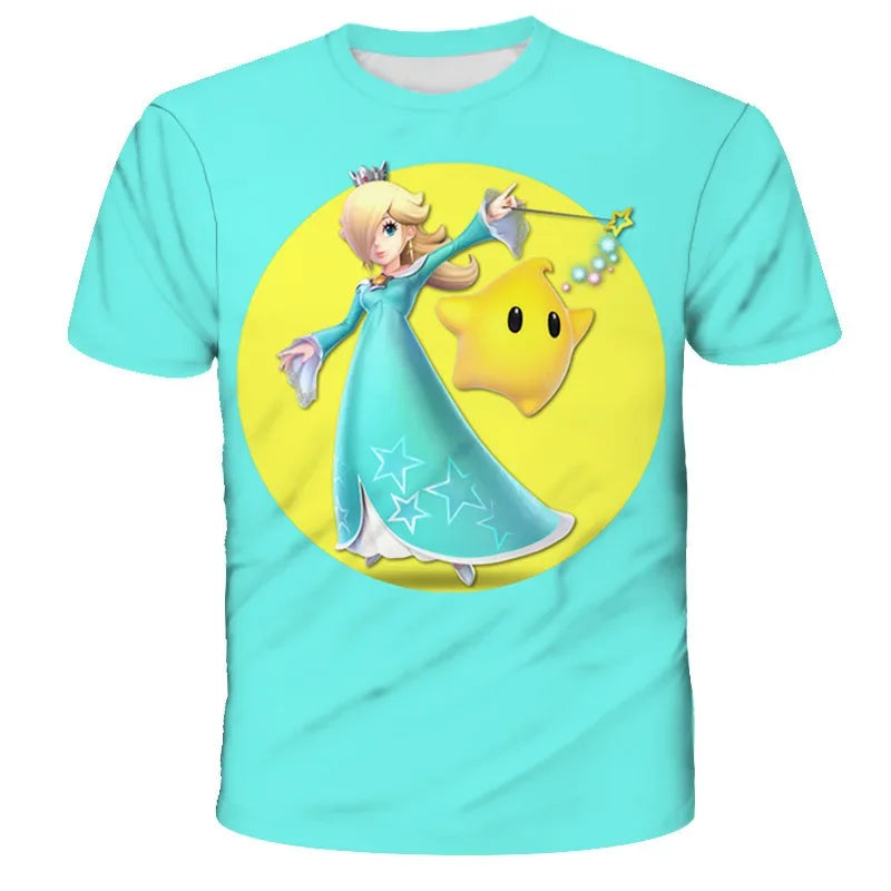 Super Mario Peach Princess Anime Manga Summer Children's Clothes Short Sleeve Boys Girls Cute Casual Fashion T-shirt Kids