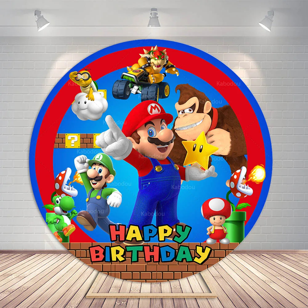 Super Mario Bros Party Round Backdrop Kids Boys 1st Birthday Background Photography Photo Studio Banner Poster Props Elastic
