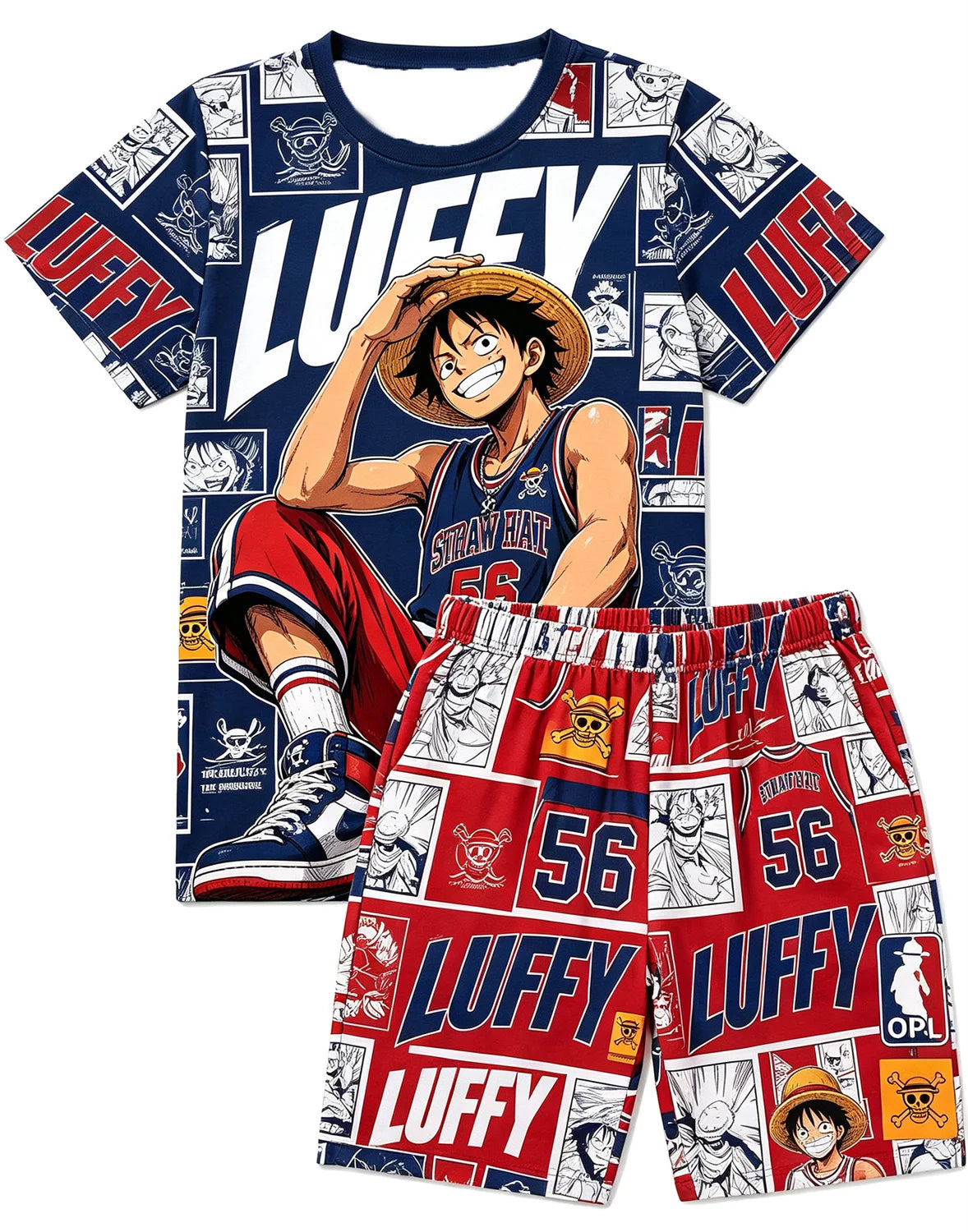 Bandai One Piece D Luffy Laugh Anime Print T-Shirt Drawstring Shorts Set For Men Women Kids Summer Home Casual Two Piece Outfit