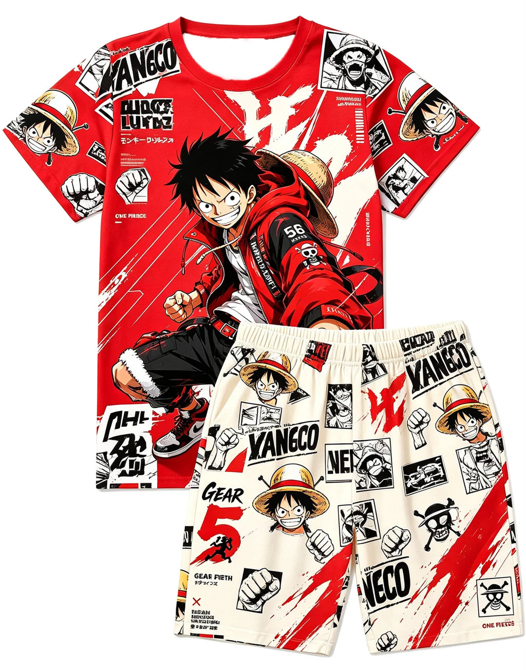 Bandai One Piece D Luffy Laugh Anime Print T-Shirt Drawstring Shorts Set For Men Women Kids Summer Home Casual Two Piece Outfit