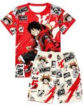 Bandai One Piece D Luffy Laugh Anime Print T-Shirt Drawstring Shorts Set For Men Women Kids Summer Home Casual Two Piece Outfit