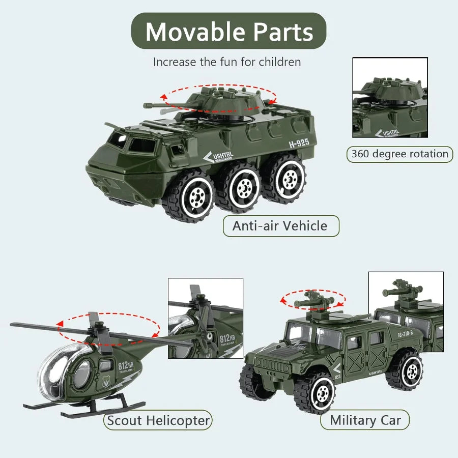 6 Pack Army Toys Mini Assorted Alloy Metal Model Cars Tank, Helicopter, Panzer, Anti-Air Vehicle Playsets Gift