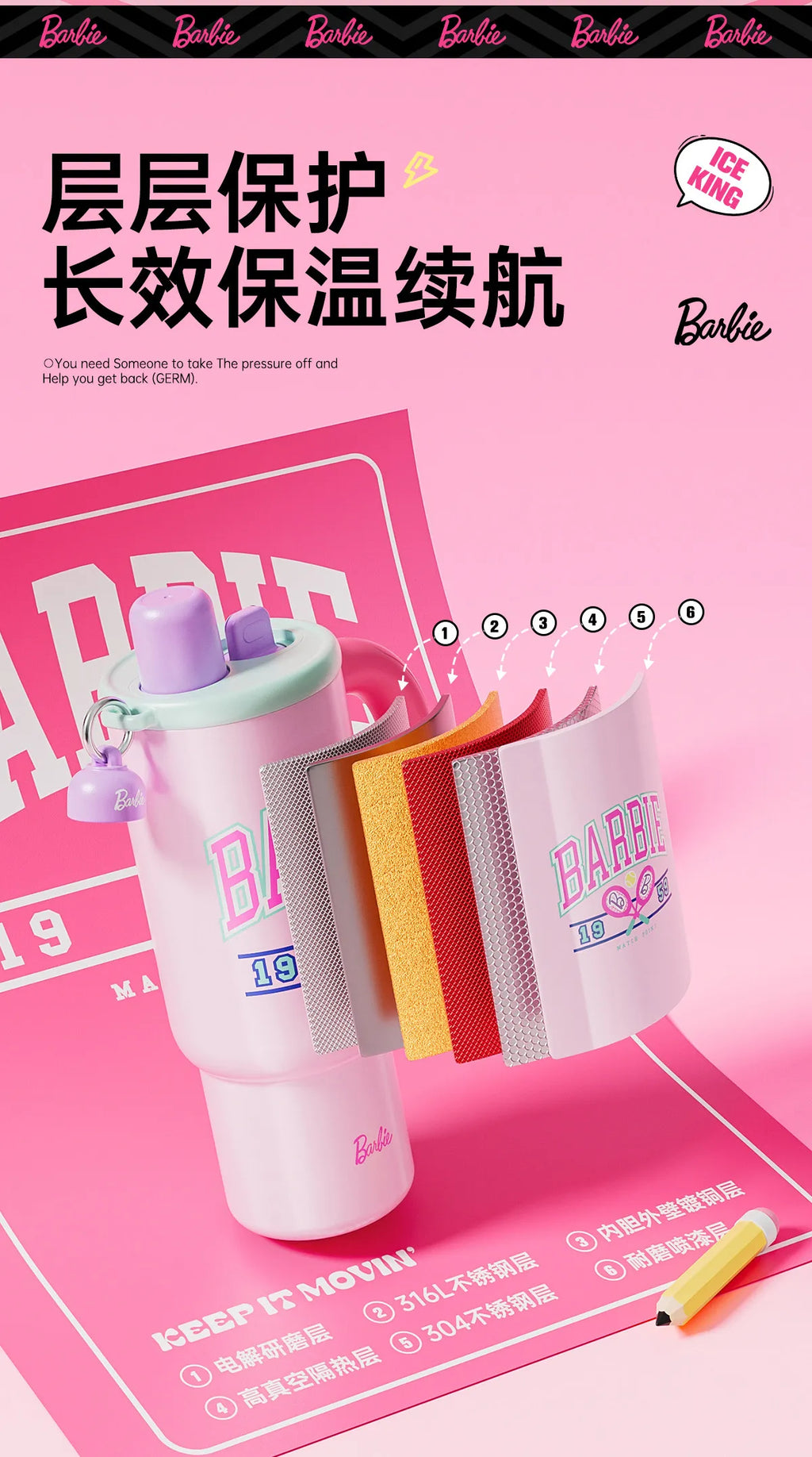 1.2L Barbie Large Capacity Ice Tumbler Vacuum Insulated Large Capacity Cup Stylish Water Bottle With Straw Cute Daily Drink Cup