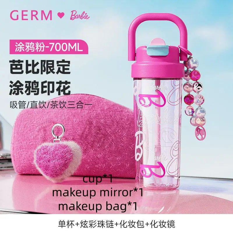 500ml/750ml Summer Barbie Transparent Cup Straw Bead Chain makeup Combo Portable Lightweight Drink Cup For School & Office Use