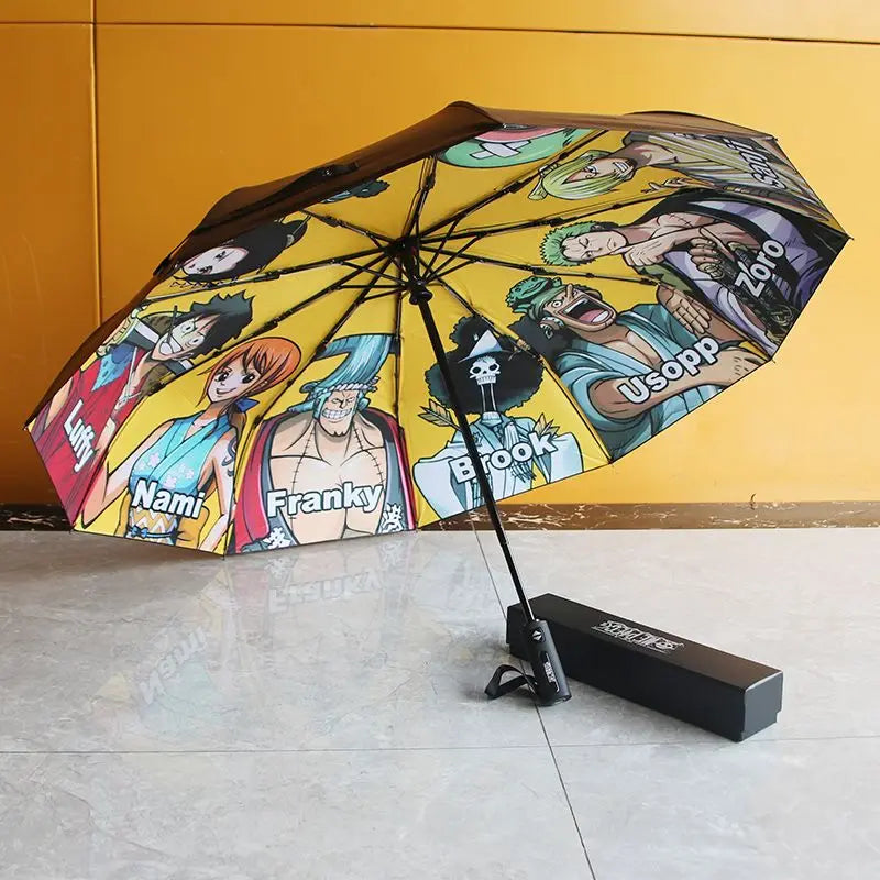 One Piece Anime Fully Automatic Tri Fold Umbrella Thickened Black Glue UV Protection Sunscreen Folding Sun Rain Umbrella