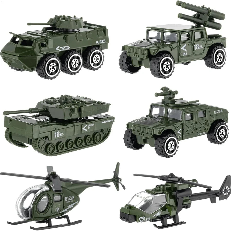 6 Pack Army Toys Mini Assorted Alloy Metal Model Cars Tank, Helicopter, Panzer, Anti-Air Vehicle Playsets Gift