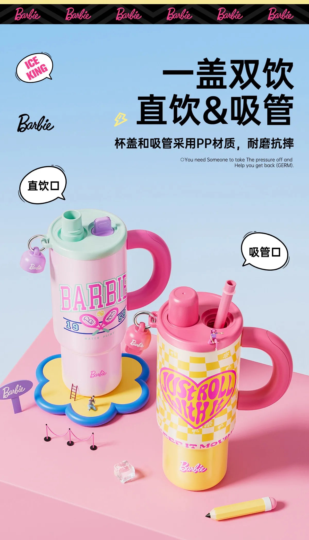 1.2L Barbie Large Capacity Ice Tumbler Vacuum Insulated Large Capacity Cup Stylish Water Bottle With Straw Cute Daily Drink Cup
