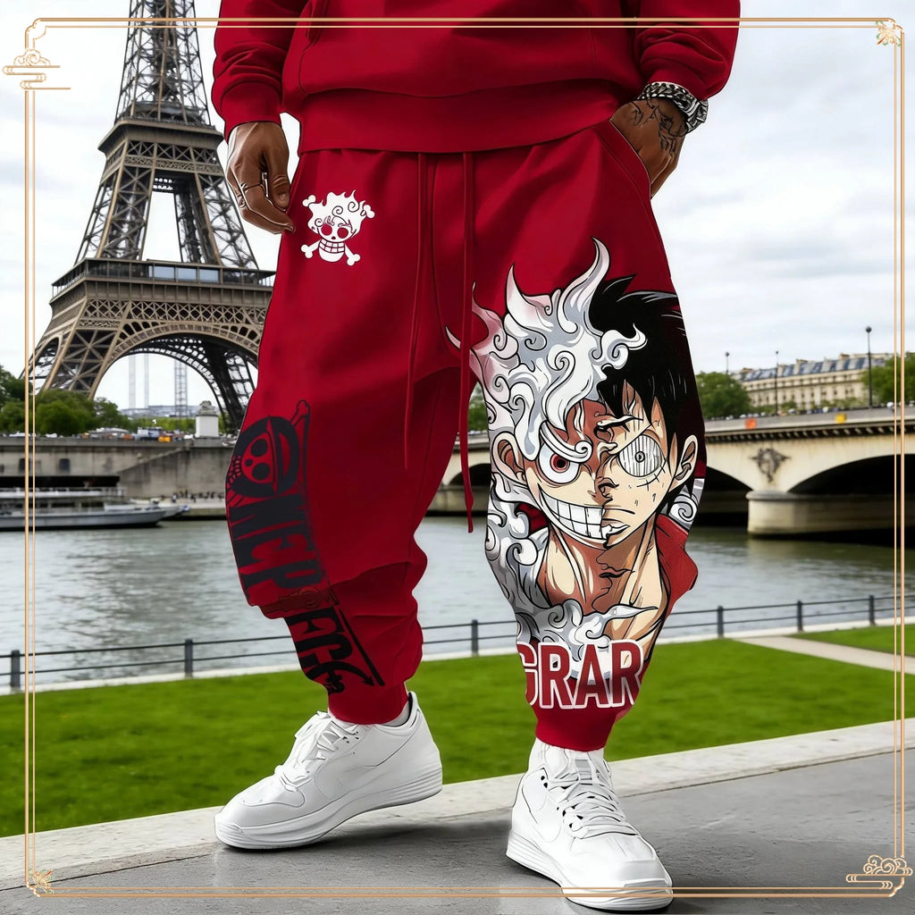 One Piece Luffy Gear 5 Hoodie Pants Set Red Cotton Tracksuit with Character Print on Hoodie Front Pant Side Loose Fit Two Piece