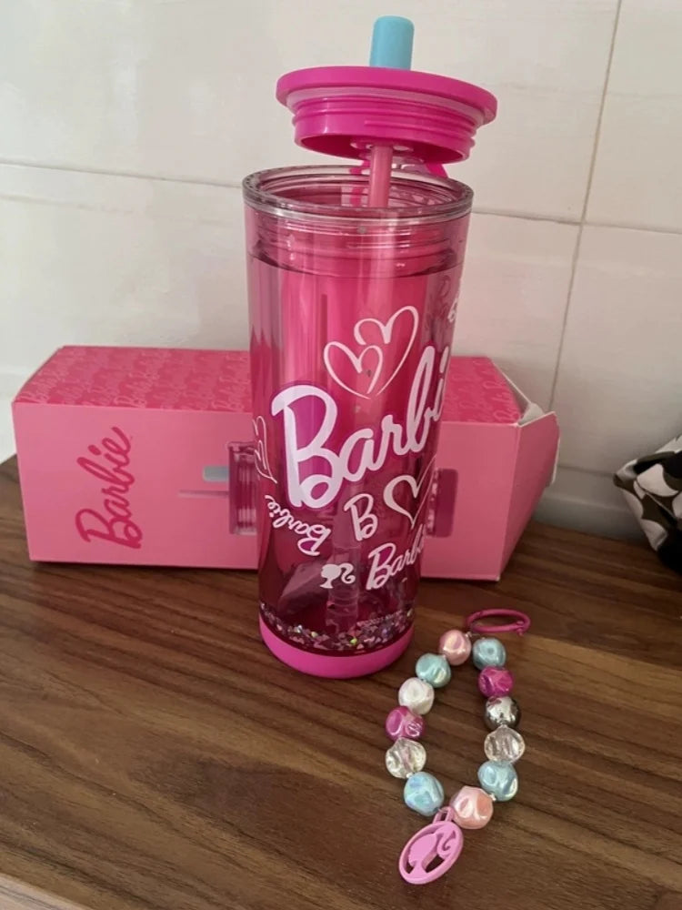 500ml/750ml Summer Barbie Transparent Cup Straw Bead Chain makeup Combo Portable Lightweight Drink Cup For School & Office Use