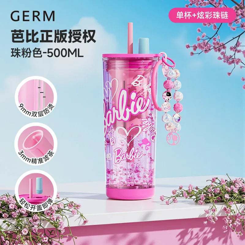 500ml/750ml Summer Barbie Transparent Cup Straw Bead Chain makeup Combo Portable Lightweight Drink Cup For School & Office Use