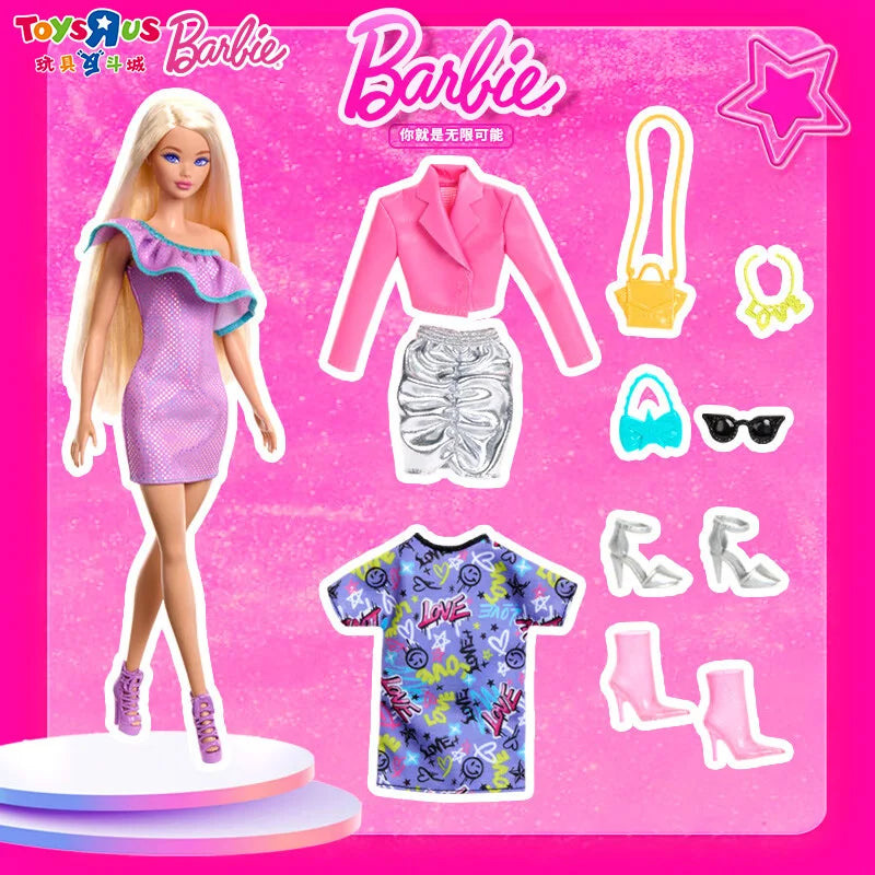 Original Mattel Odile Face Barbie Braid Doll Fashion Dressing And Matching Barbie Charm Gift Box Model Collection Toy Girl