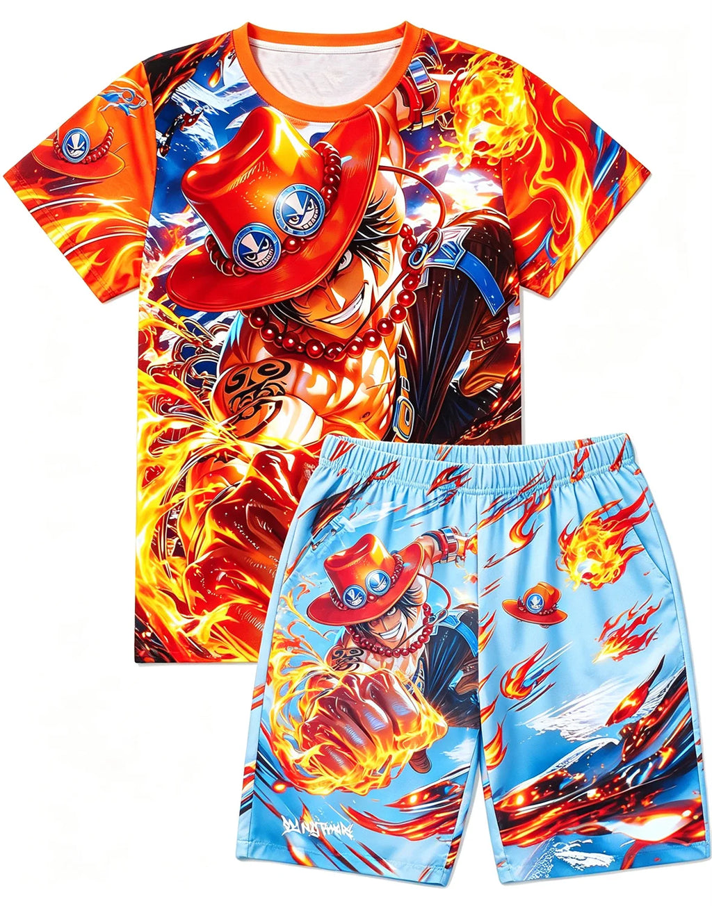 Bandai One Piece D Luffy Laugh Anime Print T-Shirt Drawstring Shorts Set For Men Women Kids Summer Home Casual Two Piece Outfit