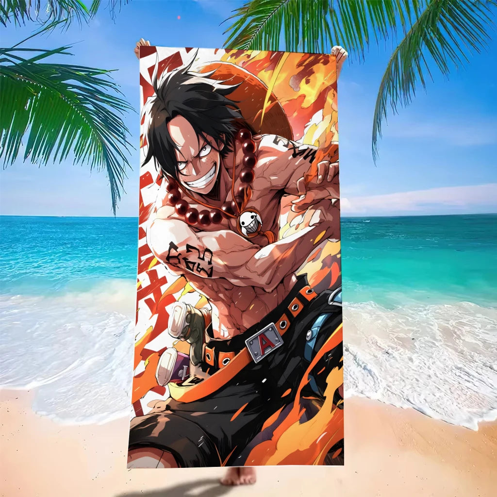 One Piece Portgas D. Ace Fire Fist Beach Towel, Flame Pirate Anime Microfiber Quick Dry Sand-Free Summer Swim Towel