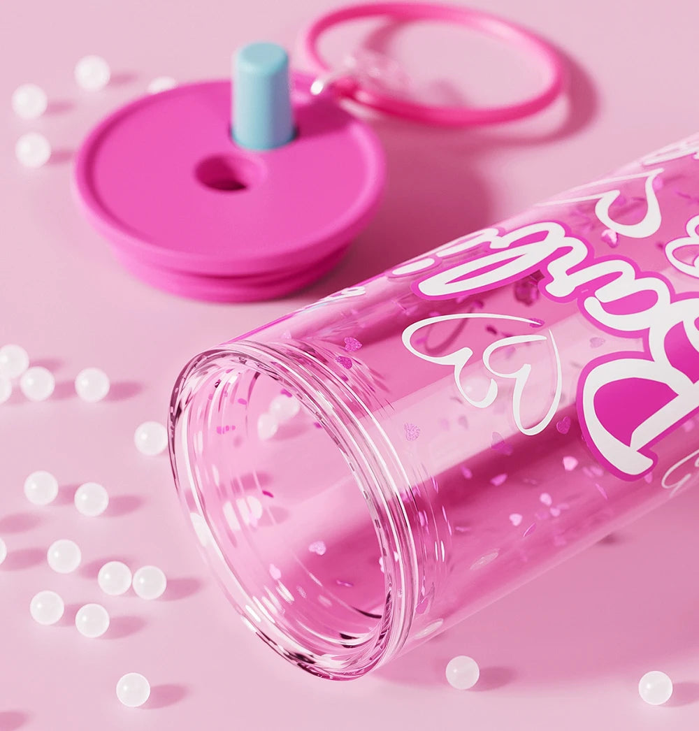 500ml/750ml Summer Barbie Transparent Cup Straw Bead Chain makeup Combo Portable Lightweight Drink Cup For School & Office Use