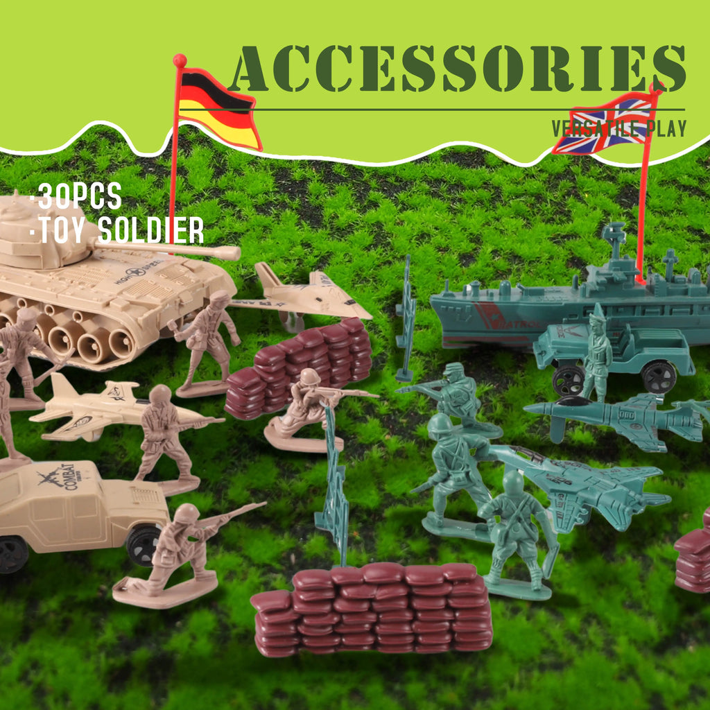 ViiKONDO Army Men Toy Military Playset Green vs Tan Soldier 30pcs Armored Vehicle Tank Fighter Warship Model Wargame Boy's Gift