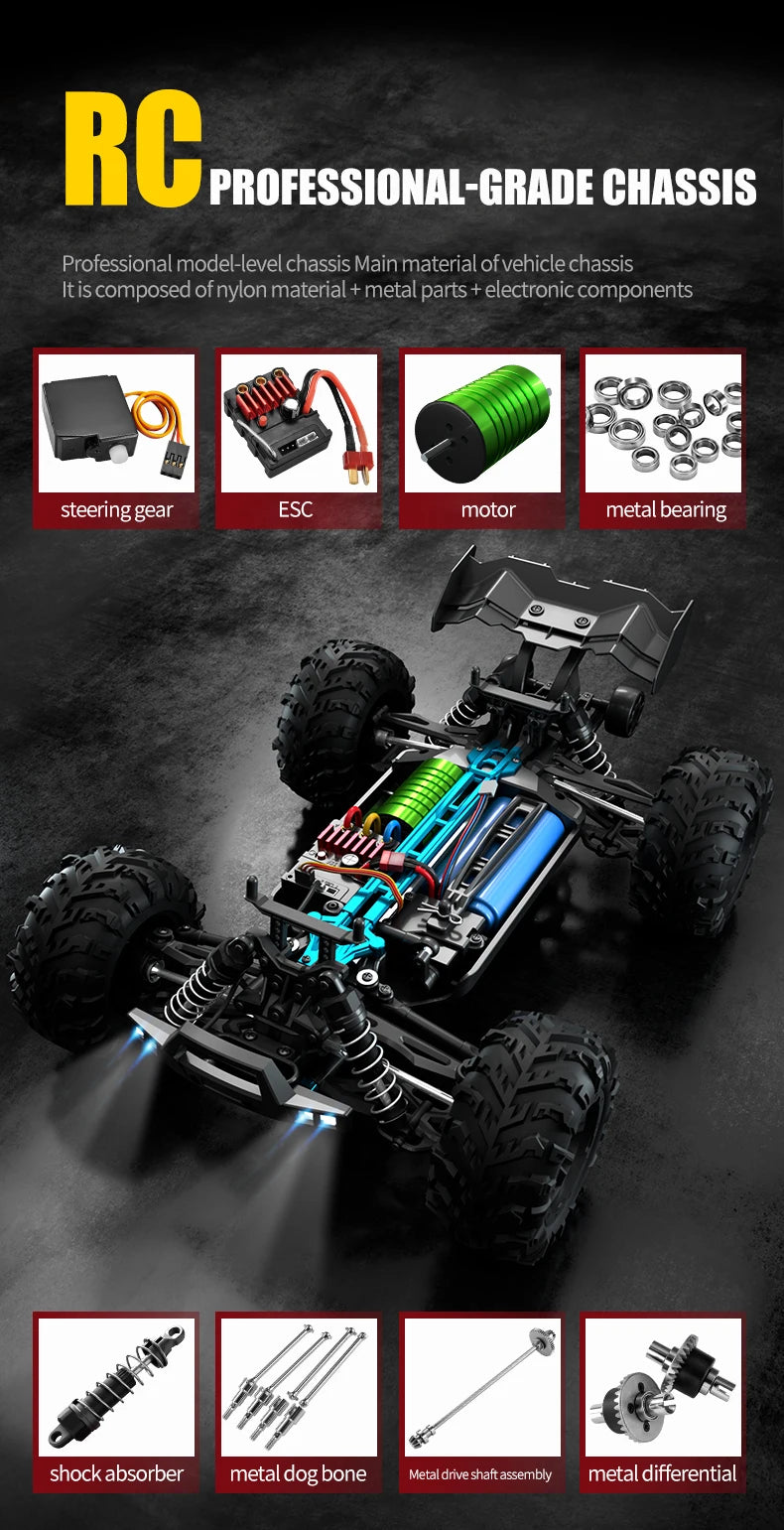 Teeggi 16101 /16102 PRO 1:16 High Speed RC Car With LED Light Drift 70KM/H 4WD RC Off-Road Car Monster Truck Toy For Kid Gifts
