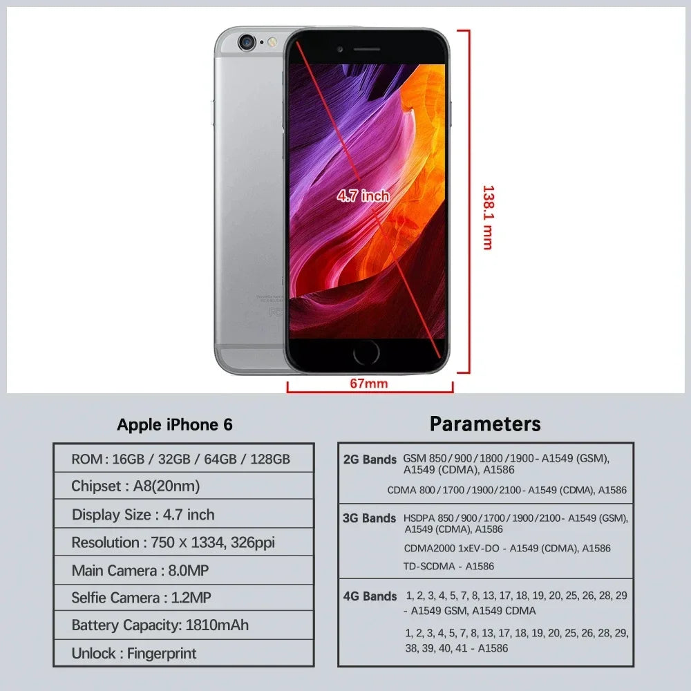 Apple iPhone 6 Unlocked Dual Core 4.7 inch IOS 16/64/128GB ROM 1.4GHz 8MP 3G 4G LTE Used Fingerprint Mobile Cell Phone