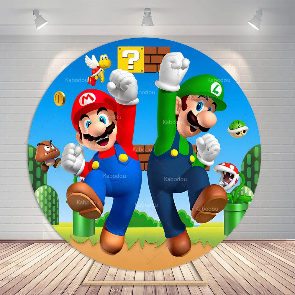 Super Mario Bros Party Round Backdrop Kids Boys 1st Birthday Background Photography Photo Studio Banner Poster Props Elastic