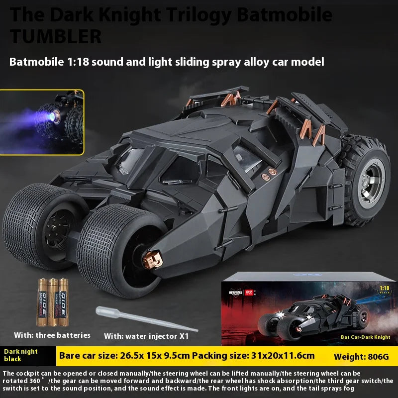 1:18 Cool Batmobile alloy model toys, exquisite desktop ornaments, cool sound and light spray, Christmas gifts