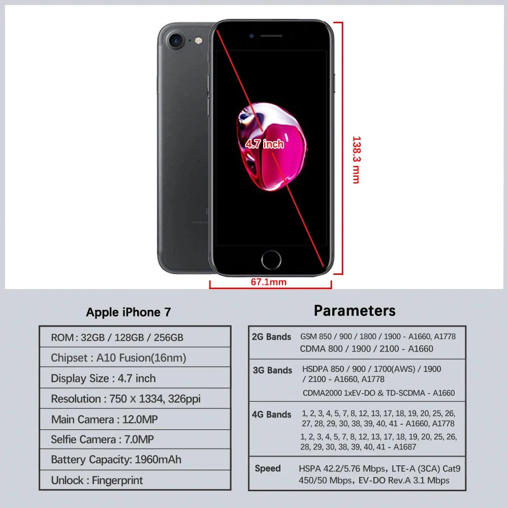 Original Unlocked Apple iPhone 7 4G LTE Mobile Cellphone 4.7'' 12MP Fingerprint Touch ID Smartphone