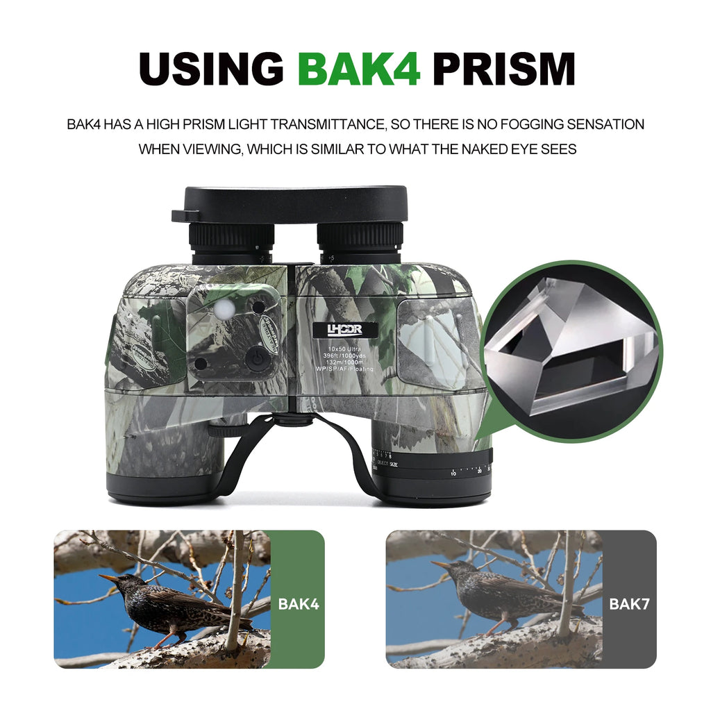 IPX7 Telescope Binoculars 10x50 Professional Powerful Binoculars with Internal Rangefinder Compass Waterproof for Surviva