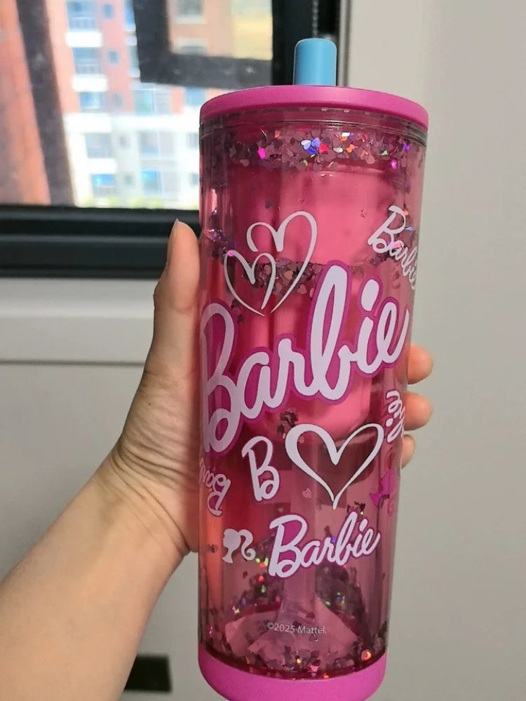 500ml/750ml Summer Barbie Transparent Cup Straw Bead Chain makeup Combo Portable Lightweight Drink Cup For School & Office Use