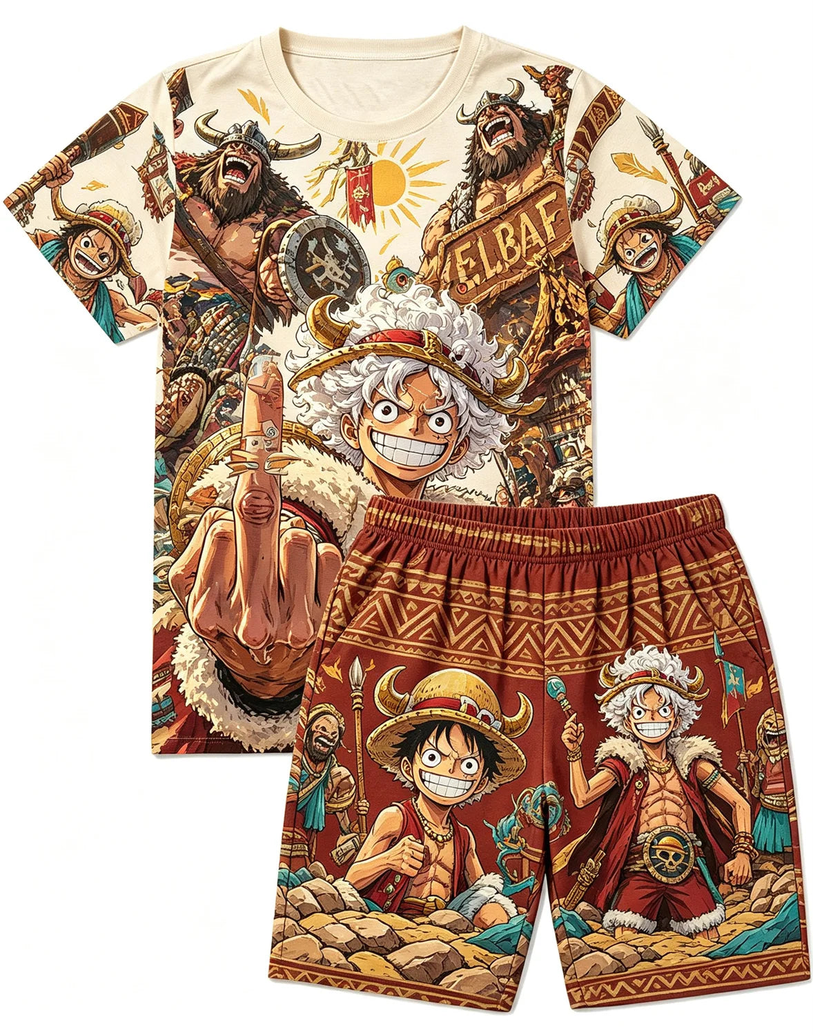 Bandai One Piece D Luffy Laugh Anime Print T-Shirt Drawstring Shorts Set For Men Women Kids Summer Home Casual Two Piece Outfit