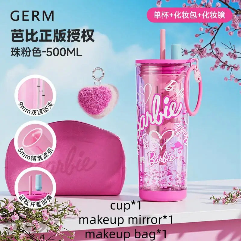 500ml/750ml Summer Barbie Transparent Cup Straw Bead Chain makeup Combo Portable Lightweight Drink Cup For School & Office Use