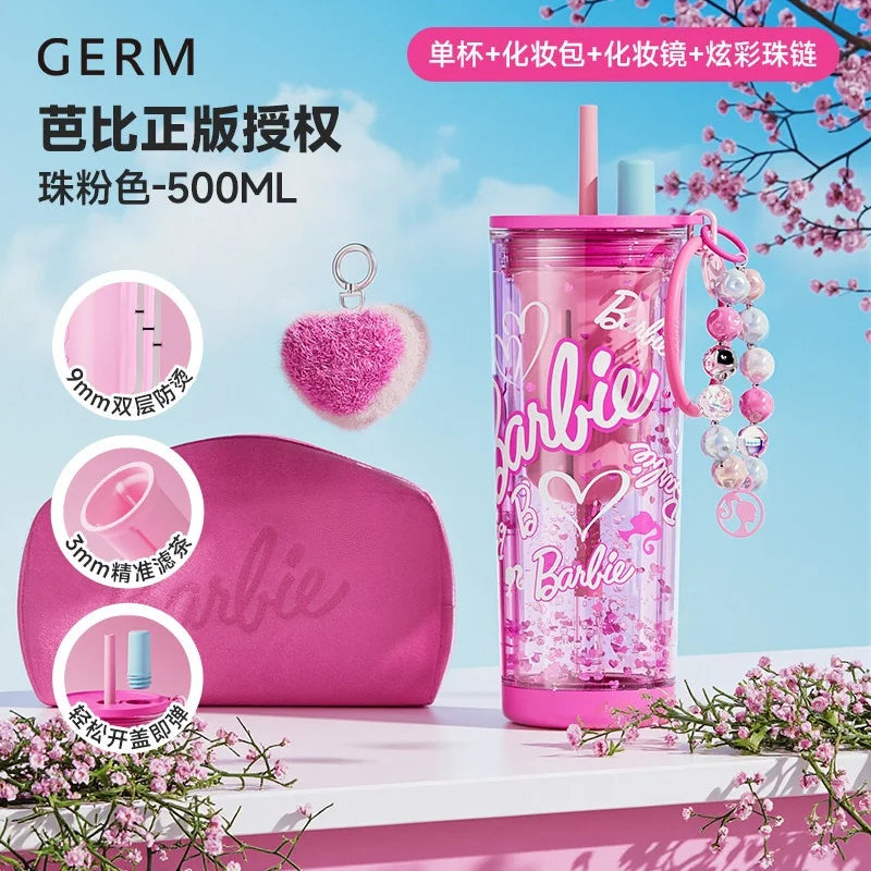 500ml/750ml Summer Barbie Transparent Cup Straw Bead Chain makeup Combo Portable Lightweight Drink Cup For School & Office Use