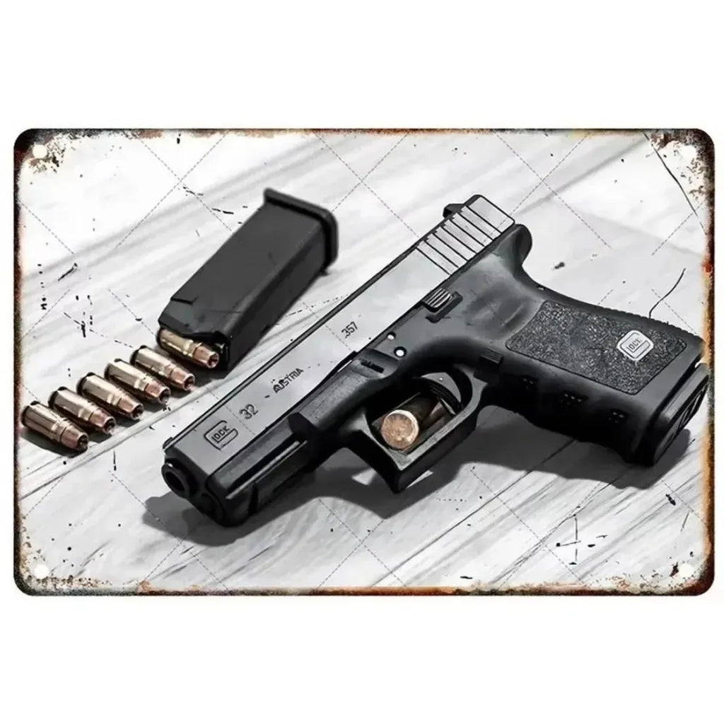 Pistol Metal Signs, Exuding Military Flair, Ideal As Wall Decoration in Man Cave, Home, Cafe, Garden, Club and Bar Settings.